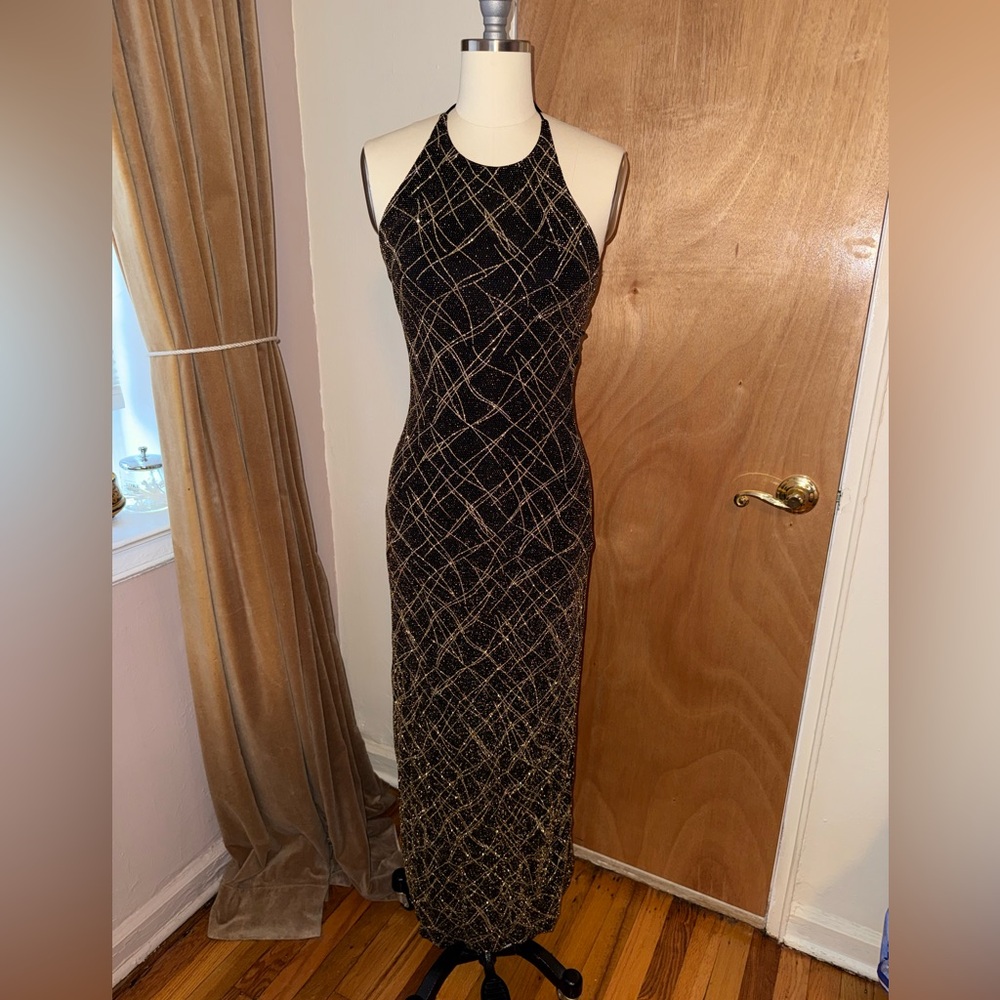 Black and Gold Sparkle Halter Evening Dress